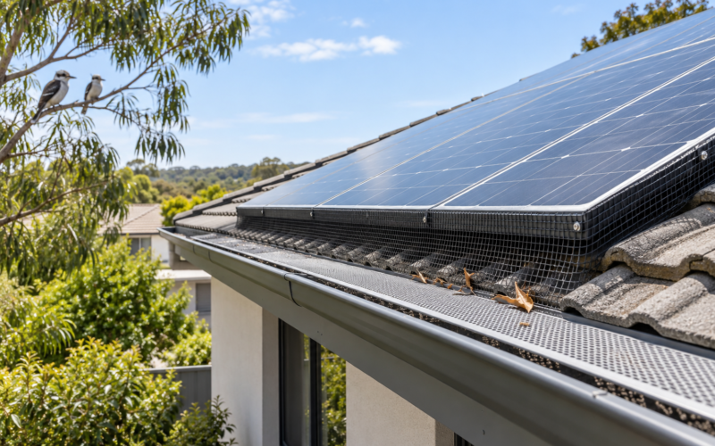 Mesh barrier fitted beneath solar panels